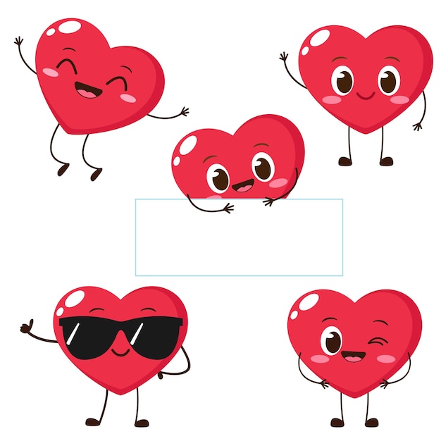 Rood hart stripfiguur met grappig gezicht. Gelukkig schattig hart emoji set. Liefde vectorillustratie. Valentijnsdag kaart