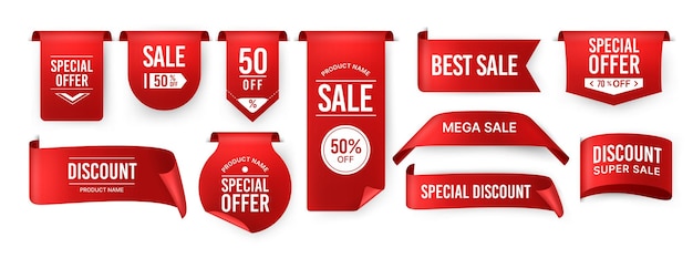 Rood lint label prijs korting promotie banner speciale aanbieding sticker vector geïsoleerde set