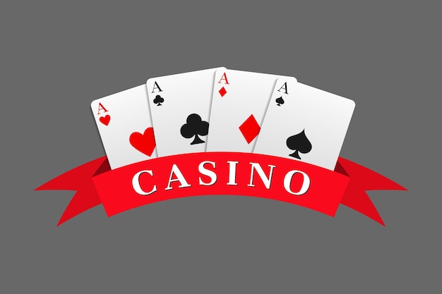 Rood lint met de casino-inscriptie gecombineerd met een combinatie van vier azen. kan worden gebruikt als een logo, banner, achtergrond. vectorillustratie in een realistische stijl.