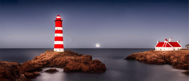 Vector rood met witte vuurtoren aan de kust 's nachts in het zomerlandschap, bekijk een oceaanvuurtoren op een