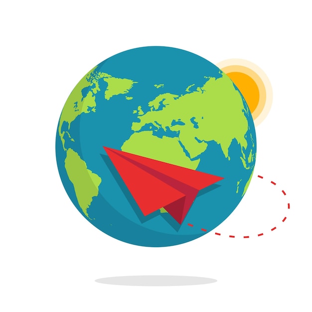 Rood papieren vliegtuigje vliegt over de aarde Reisconcept Toerisme Ontdek de wereld