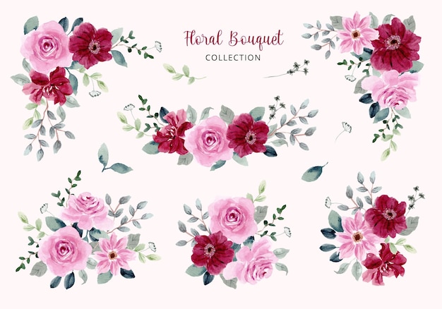 Vector rood roze aquarel bloemenboeket collectie