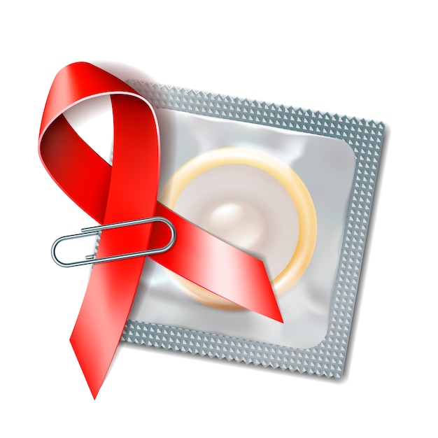 Rood voorlichtingslint met condoom op witte achtergrond. veilig seksconcept. symbool van werelddag voor contraceptie of wereld aidsdag