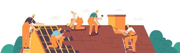 Vector roof construction workers characters conduct roofing works, repair home, build structure, fixing rooftop tile house with labor equipment, roofer men with work tools. cartoon people vector illustration