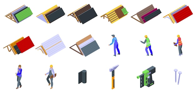 Vettore confezionamento di icone per tetti vettori isometrici riparazione di tetti lavoro domestico