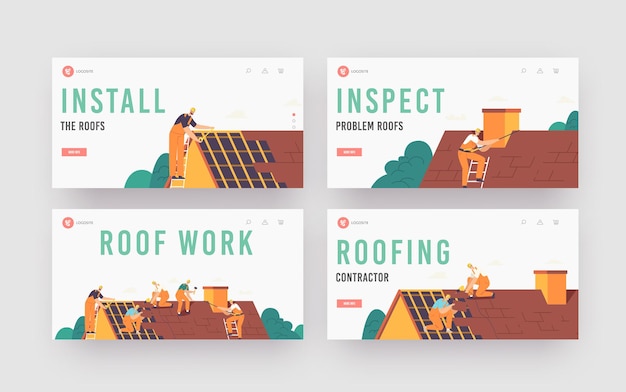 Roofer Men with Work Tools Landing Page Template Set. Roof Construction Workers Characters Conduct Roofing Works, Repair Home Rooftop, Tile House with Equipment. Cartoon People Vector Illustration