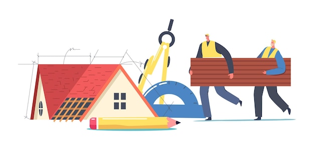 Vector roofers or workers male characters carry piece of bitumen or tiling for repair or designing cottage roof. home building renovation process, projecting, engineering. cartoon people vector illustration