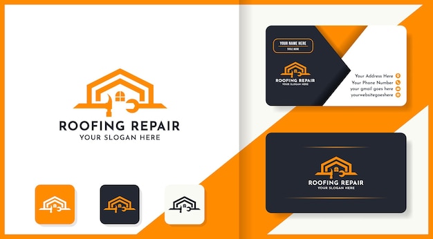 Roofing repair logo design use hammer and wrench concept and business card