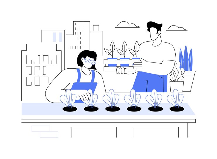 Vector rooftop garden isolated cartoon vector illustrations group of friends gardening at the rooftop