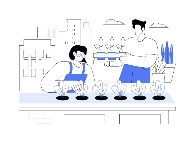 Vector rooftop garden isolated cartoon vector illustrations group of friends gardening at the rooftop