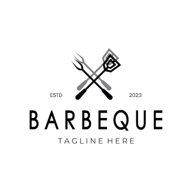 Rook en Bbq Barbecue Vintage hete grill met gekruiste vlammen en spatel Logo voor restaurant badge café en barvector