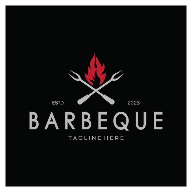 Rook en Bbq Barbecue Vintage hete grill met gekruiste vlammen en spatel Logo voor restaurant badge café en barvector