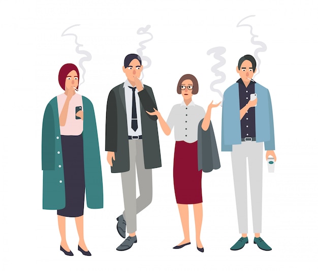 Rookruimte. Verschillende kantoormensen op rookpauze. Man en vrouw met sigaretten. illustratie in vlakke stijl.