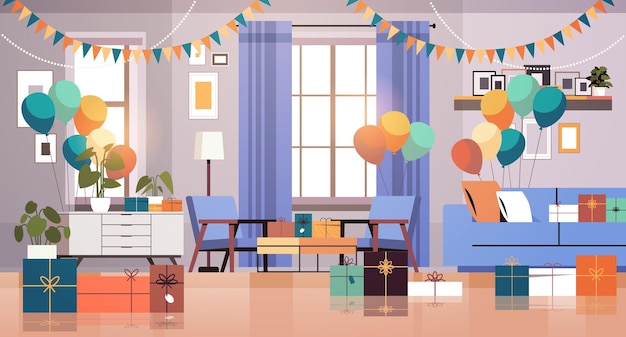 Vector room decorated with colorful balloons for party baby shower event celebrating pregnancy motherhood expectation concept