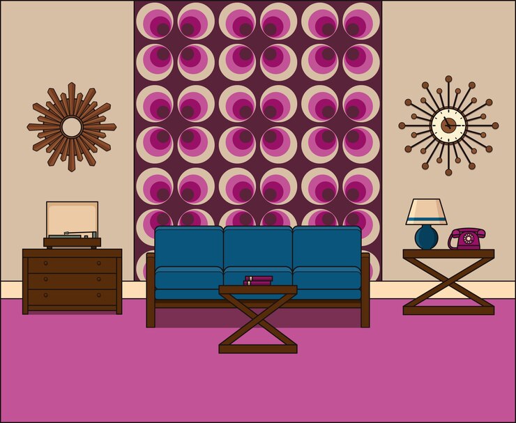 Room in flat . Retro living room interior s in line art. Linear illustration.  graphics. Thin line vintage home space with couch, turntable and telephone. House equipment.