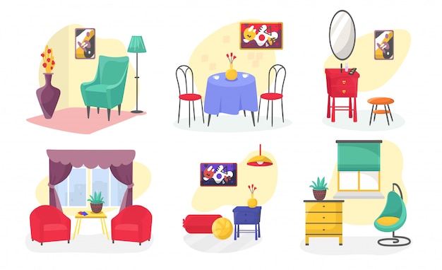 ベクトル 部屋の家具モダンなインテリアは、白で隔離漫画イラストを設定します。