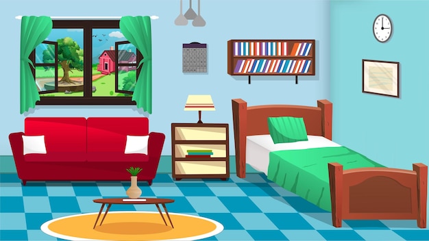 Vector room inside interior, cartoon living room, kids bedroom with furniture. teenage room.