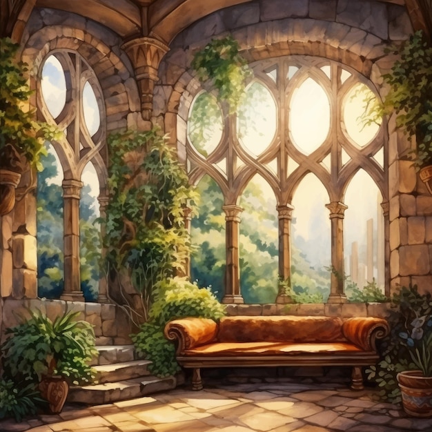 Vector a room inside an old medieval castle building vector watercolor illustrations