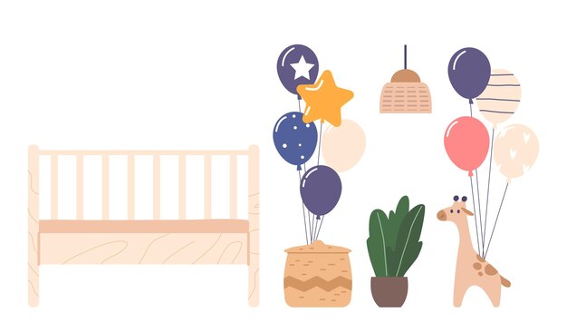 Interno della stanza adornato con morbidi colori pastello, palloncini, giocattoli, decorazioni carine e stravaganti e un'atmosfera accogliente, perfetta per celebrare l'arrivo di un neonato, cartone animato, illustrazione vettoriale