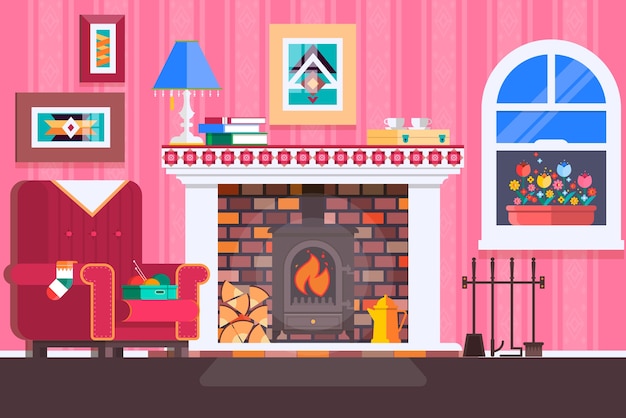 Room interior fireplace design with chair books, table, clock in evening tea time, fireplace. 