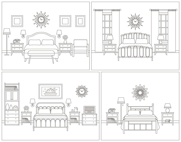 Room interior. hotel bedroom with bed. linear illustration. retro house furniture in line art flat design