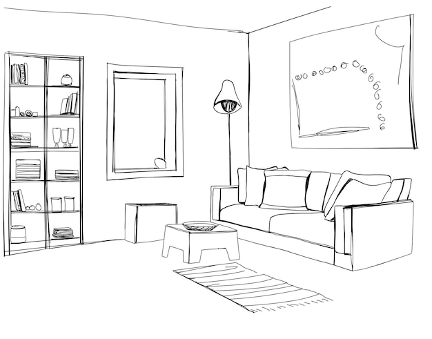 방 인테리어 스케치 가정용 가구 소파와 베개