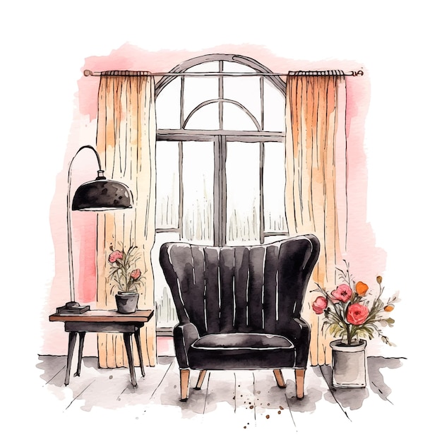 Vector room interior watercolor paint art