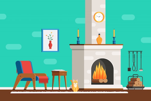 Vector room interior with fireplace