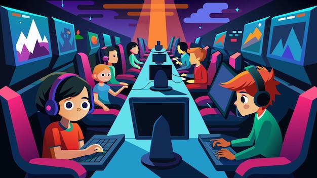 Vector the room is filled with the sounds of clicking keyboards and controllers as young gamers of all ages