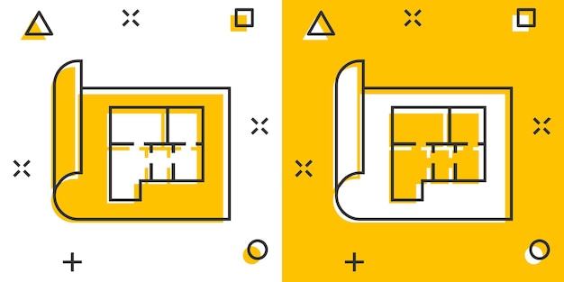 Room plan icon in comic style blueprint cartoon vector illustration on white isolated background house project splash effect business concept