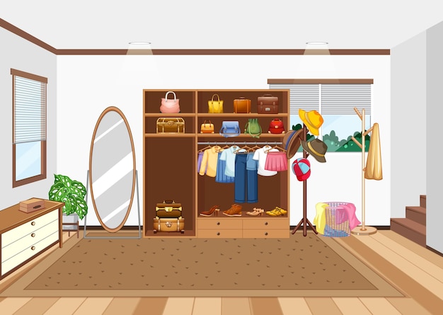 Vector room scene with closet and kids accessories