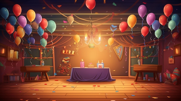 Vector a room with balloons and a birthday cake with a birthday present on the wall