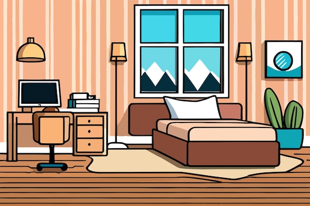 Комната с кроватью, письменным столом, компьютером и окном с горами на заднем плане.