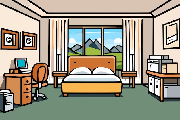 A room with a bed and a desk with mountains in the background.