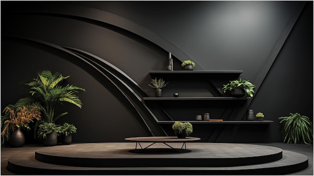 Vector a room with a black table and shelves with plants on it