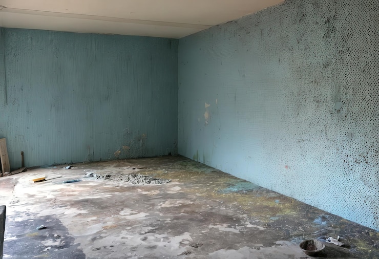 Vector a room with a blue wall and a blue wall with a few stains on it