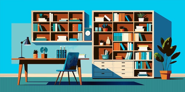 a room with a book shelf and a bookcase with bookshelves and a blue wall