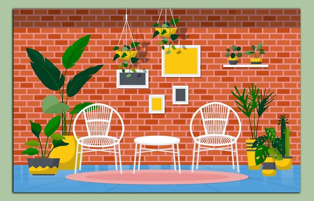 Vector a room with a brick wall and chairs and plants