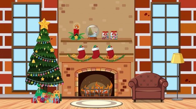 暖炉のそばでクリスマスツリーのある部屋