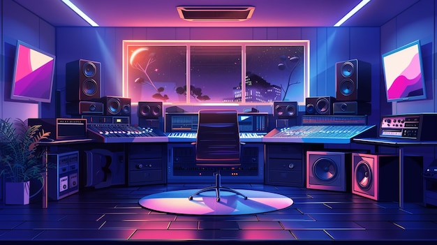 Vector a room with a colorful floor and a soundboard with a purple and blue light