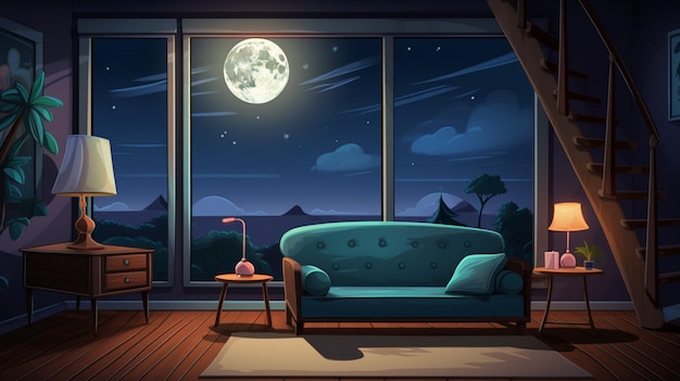 Vector a room with a couch and a full moon on the wall