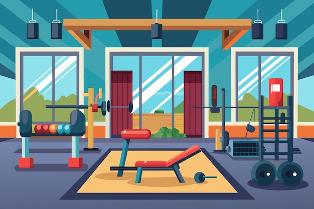 Vector a room with a gym and a bar with a bench and a barbell