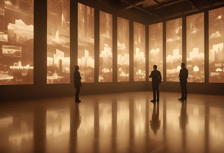 Vector a room with large screens displaying abstract data and a golden glow three people in business attire are silhouetted in the room gazing at the screens