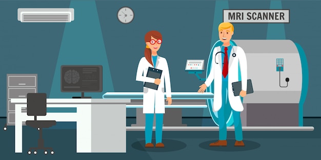 Vector room with mri scanner and doctors illustration