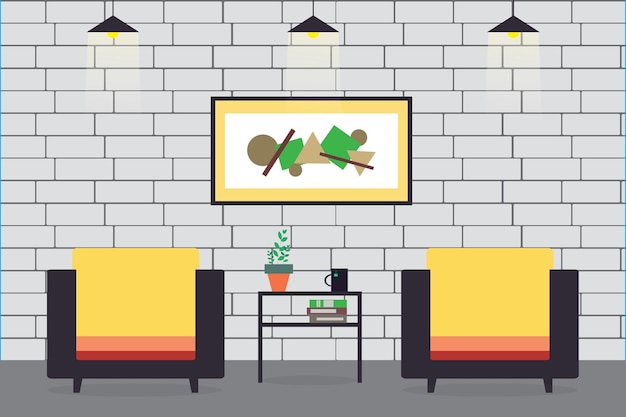 Vector room with soft chair with table and picture brick wall on background flat style vector illustration