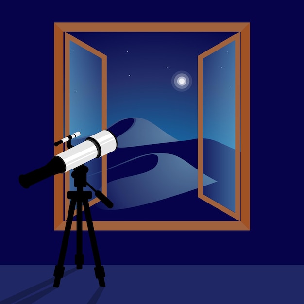 Vector room with telescope and big window illustration