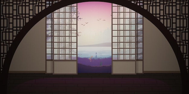 A room with a traditional Japanese sliding door Vector