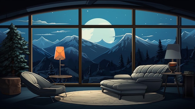 Vector a room with a view of a mountain and a couch