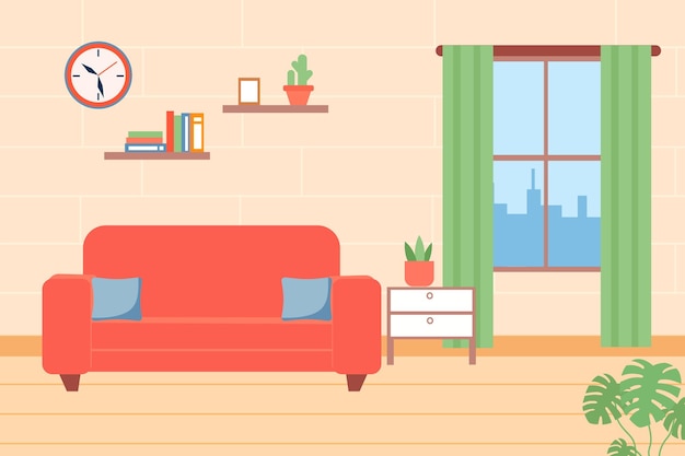 Vector room with the window interior scene vector illustration