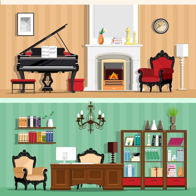 Vector rooms with vintage interior elements.